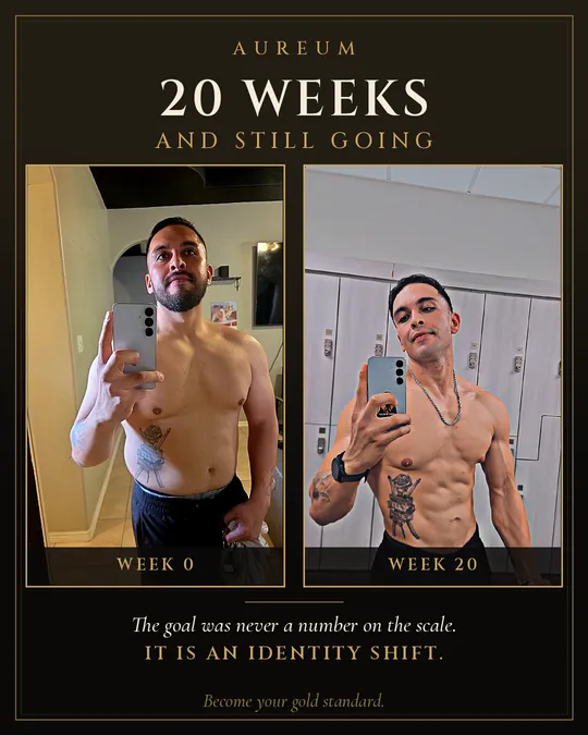 Orlando Orozco, week 0 and week 20 photos side by side. Text: 20 weeks and still going. The goal was never a number on the scale. It is an identity shift. Become your gold standard.