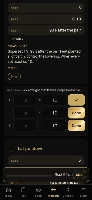 Aureum app: one-thumb set logger with rest timer