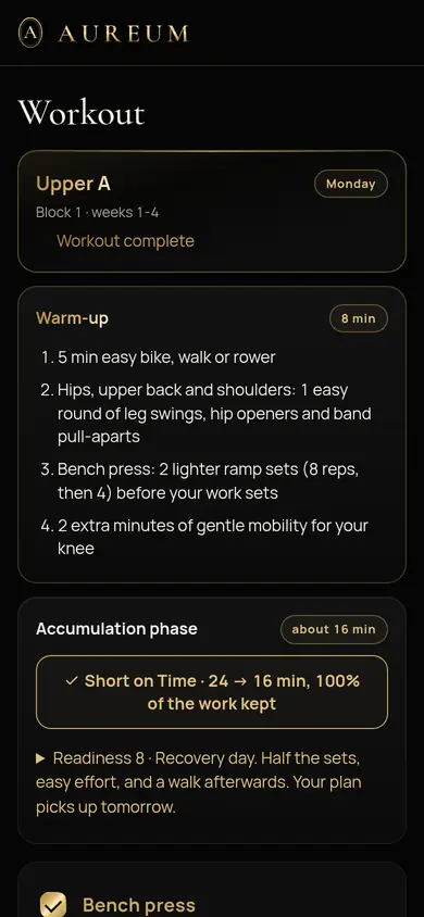 Aureum app: Apex daily readiness adjusting the workout
