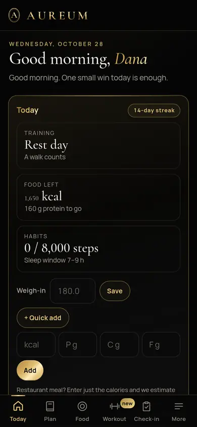 Aureum app: Today screen with training, food left and habits